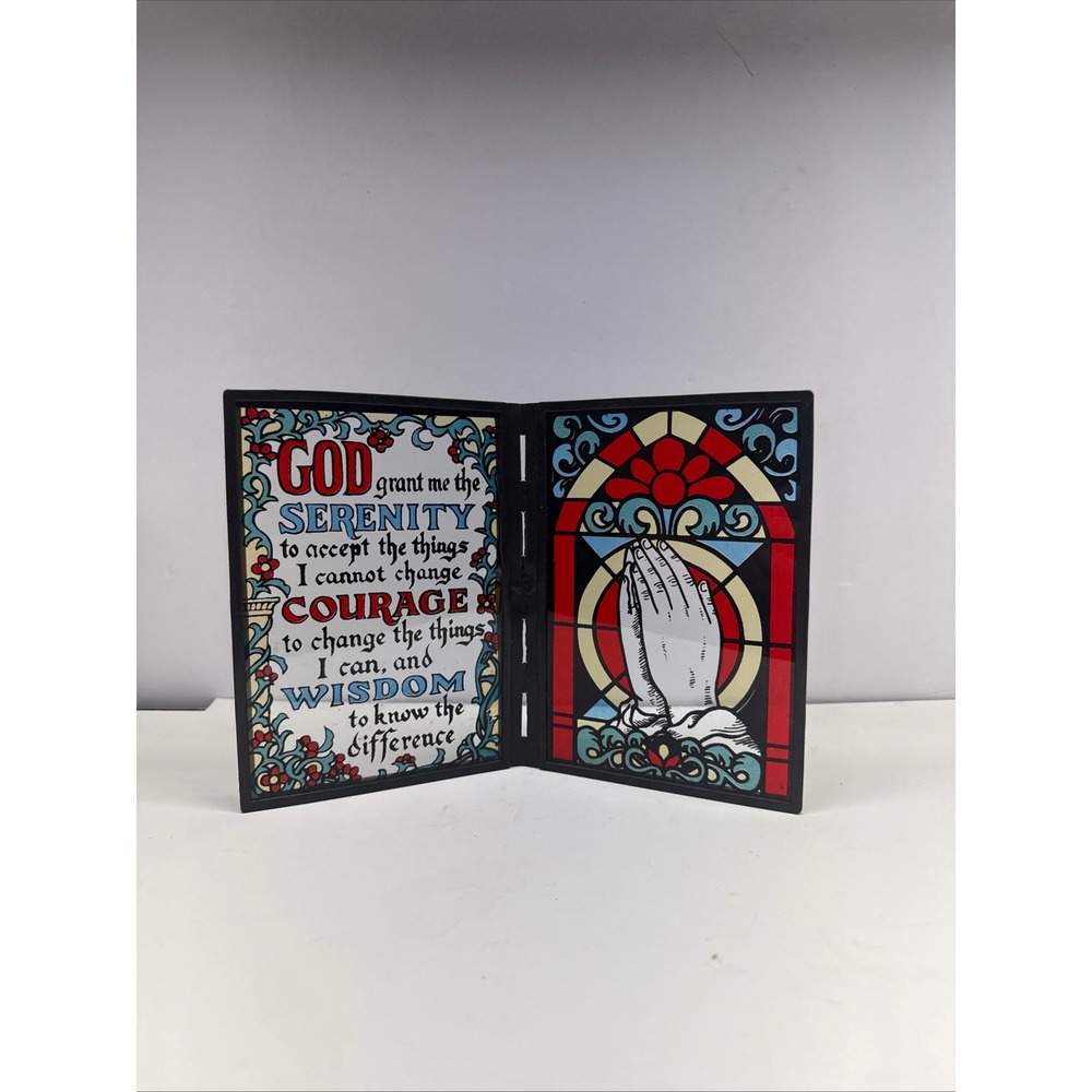Vintage Serenity Prayer Praying Hands faux StainGlass Style Folding Plaque Decor